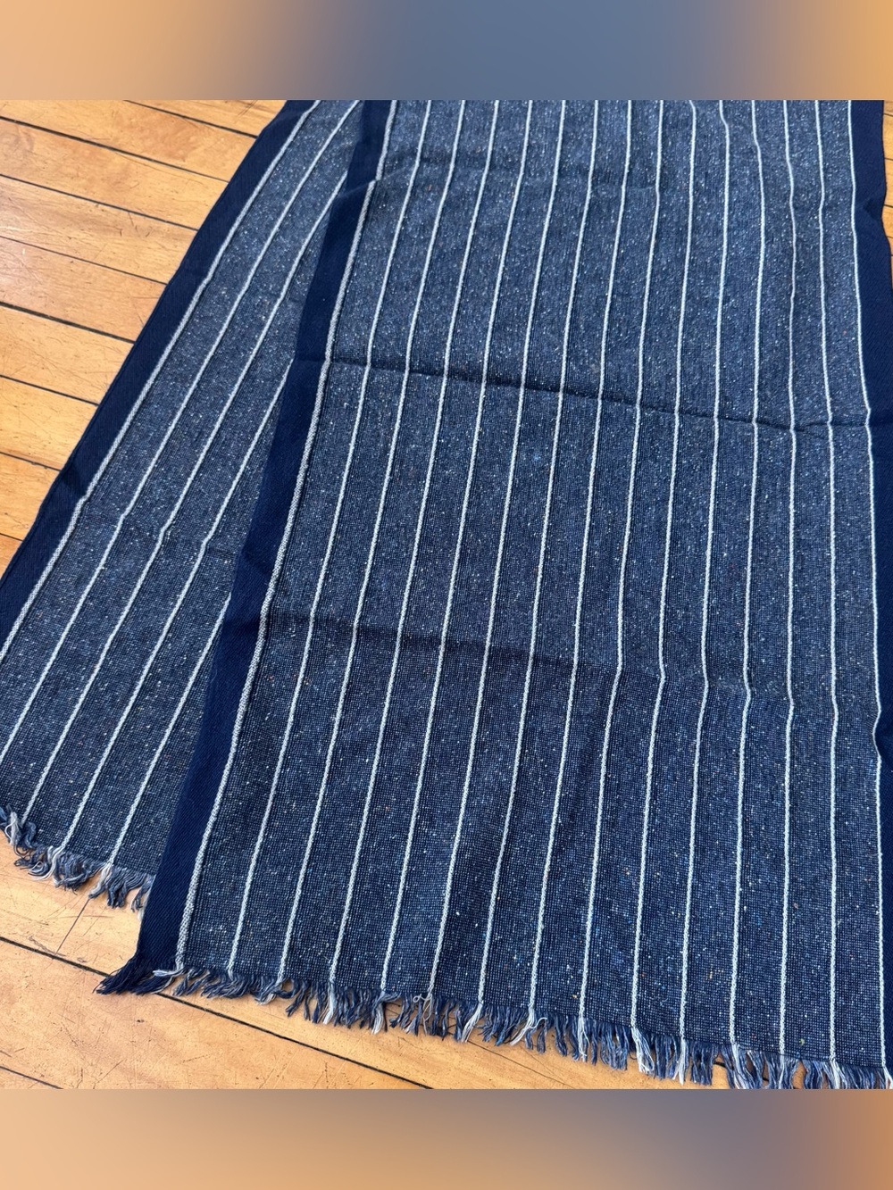 Johnston and Murphy navy blue white Striped Wool silk blend Fringed Scarf